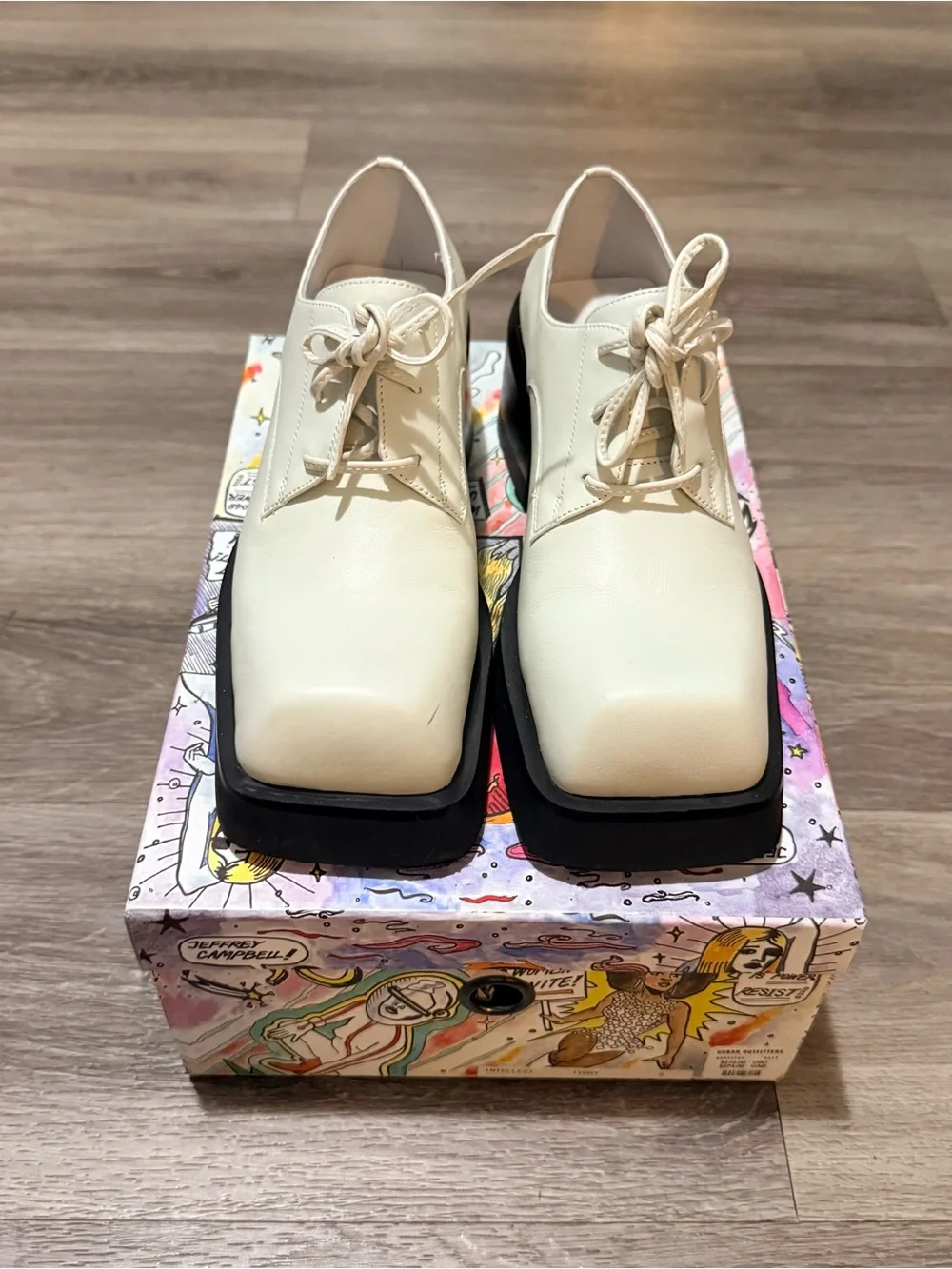 Jeffrey Campbell Cream Square-Toe Lace-Up Boots with Black Platform